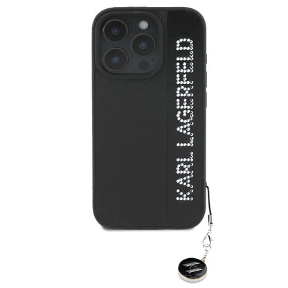 iPhone 16 Pro Max Kılıf Karl Lagerfeld orijinal Lisanslı Anahtarlıklı Taşlı KL Yazılı Saffiano Rhinestones Kılıf