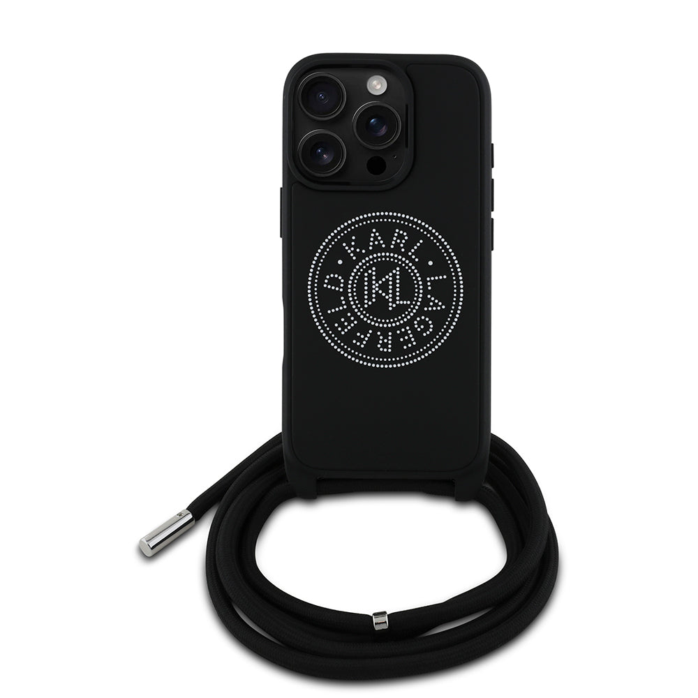 iPhone 16 Pro Max Kılıf Karl Lagerfeld orijinal Lisanslı Askı İpli Taşlı KL Yazılı Crossbody Cord Kılıf