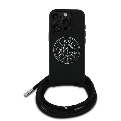 iPhone 16 Pro Max Kılıf Karl Lagerfeld orijinal Lisanslı Askı İpli Taşlı KL Yazılı Crossbody Cord Kılıf