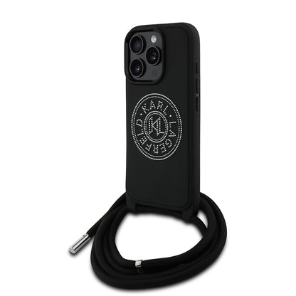 iPhone 16 Pro Max Kılıf Karl Lagerfeld orijinal Lisanslı Askı İpli Taşlı KL Yazılı Crossbody Cord Kılıf