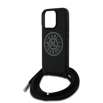 iPhone 16 Pro Max Kılıf Karl Lagerfeld orijinal Lisanslı Askı İpli Taşlı KL Yazılı Crossbody Cord Kılıf