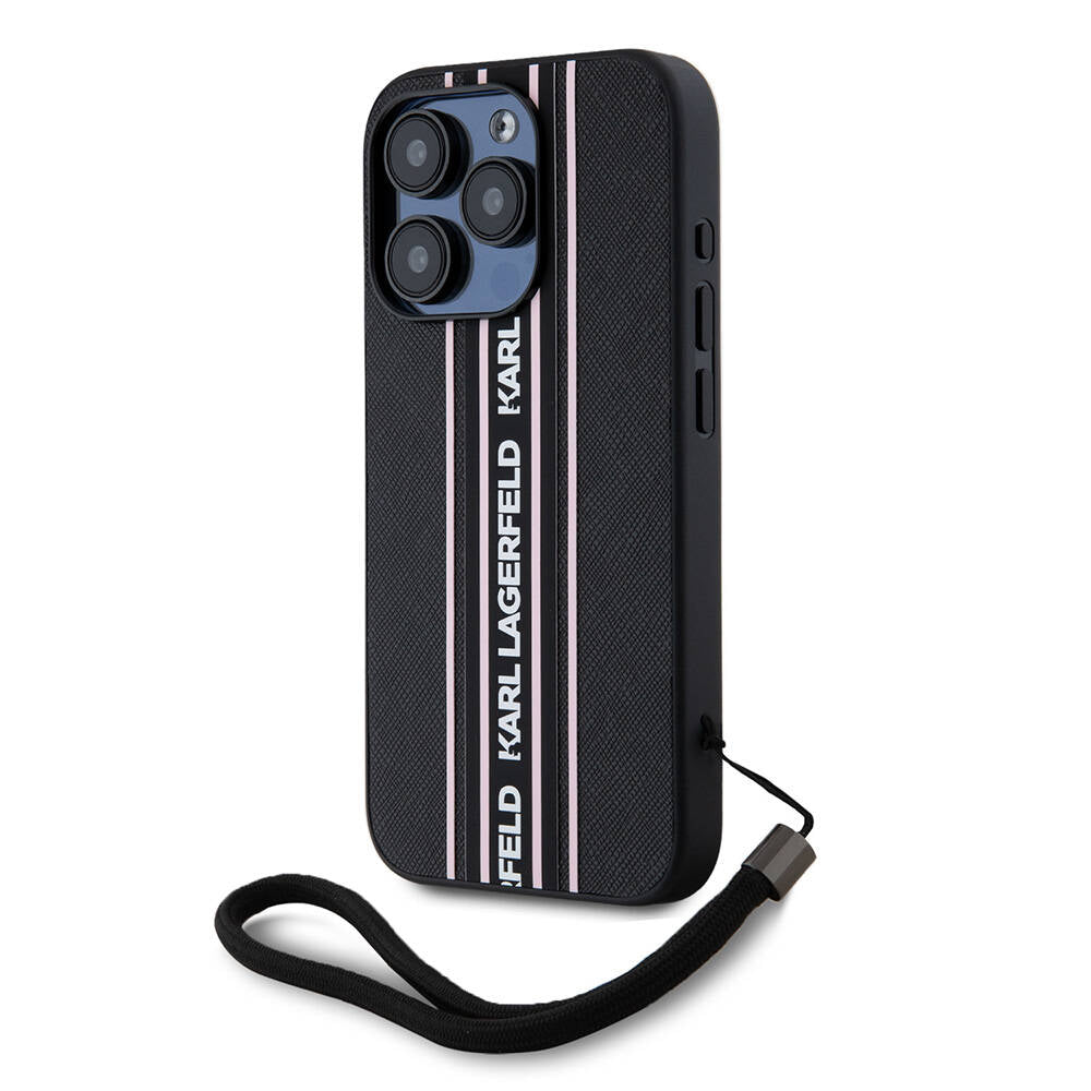 iPhone 16 Pro Max Kılıf Karl Lagerfeld orijinal Lisanslı Askılı Saffiano Athleisure Şerit Çizgili Kılıf