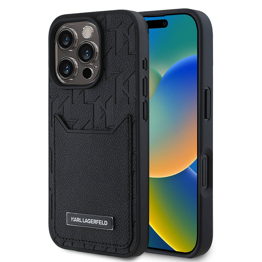 iPhone 16 Pro Max Kılıf Karl Lagerfeld orijinal Lisanslı Kartlıklı Monogram Sıcak Damgalı Elongated Logo Kılıf