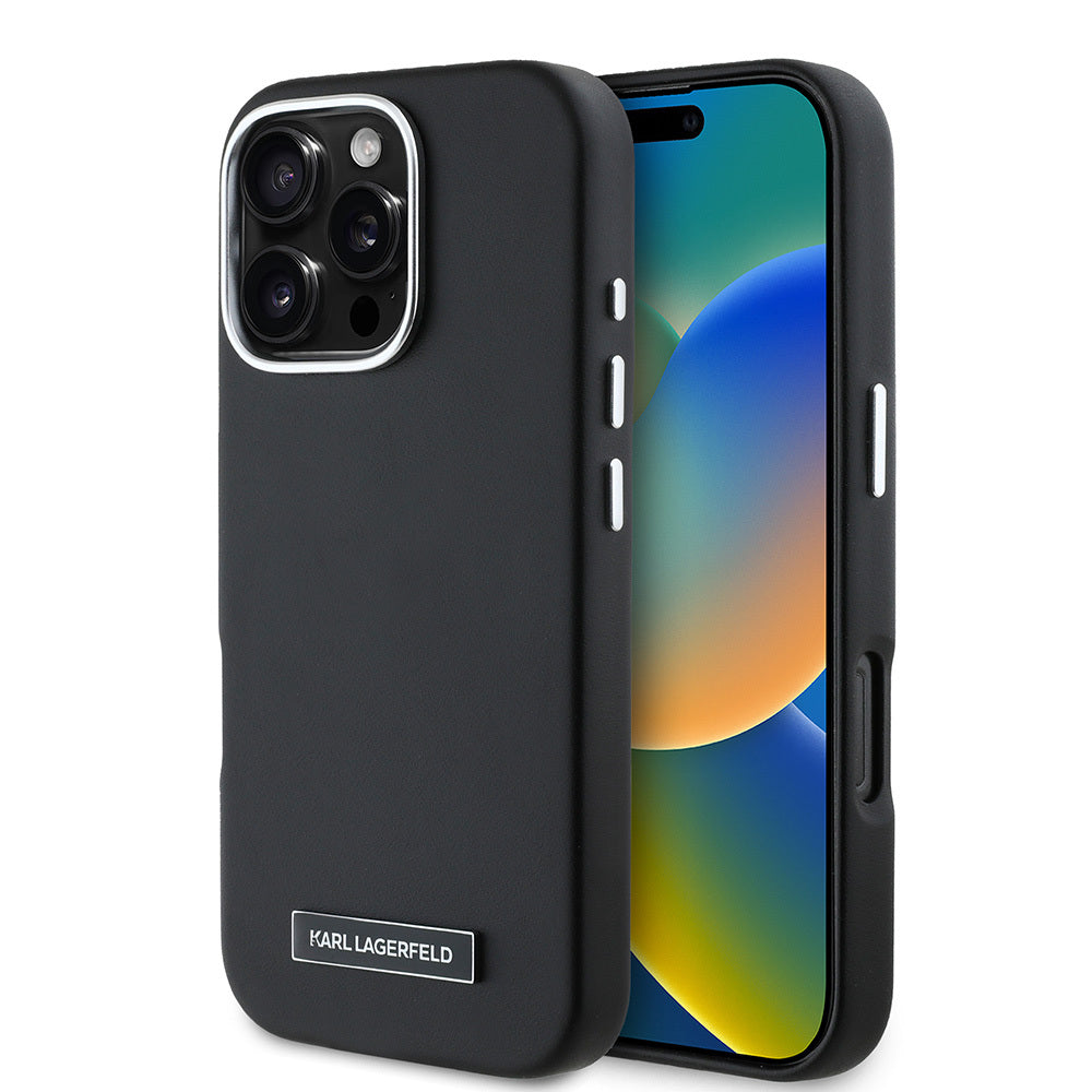 iPhone 16 Pro Max Kılıf Karl Lagerfeld orijinal Lisanslı M-safe Şarj Özellikli Metal Kamera ve Buton Tasarımlı Plaka Logolu PU Deri Kılıf