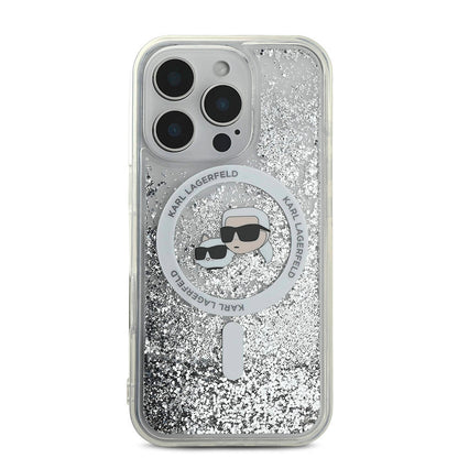 iPhone 16 Pro Max Kılıf Karl Lagerfeld orijinal Lisanslı M-safe Şarj Özellikli Sıvılı Simli KC Heads Kılıf