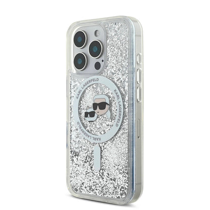 iPhone 16 Pro Max Kılıf Karl Lagerfeld orijinal Lisanslı M-safe Şarj Özellikli Sıvılı Simli KC Heads Kılıf