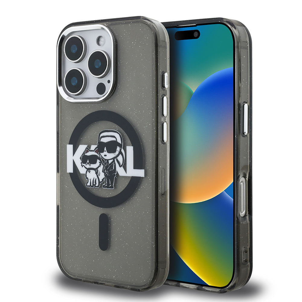 iPhone 16 Pro Max Kılıf Karl Lagerfeld orijinal Lisanslı Parlayan Simli Karl & Choupette Sketch Logo Kılıf