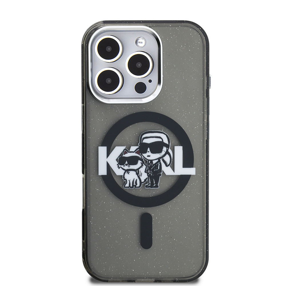 iPhone 16 Pro Max Kılıf Karl Lagerfeld orijinal Lisanslı Parlayan Simli Karl & Choupette Sketch Logo Kılıf