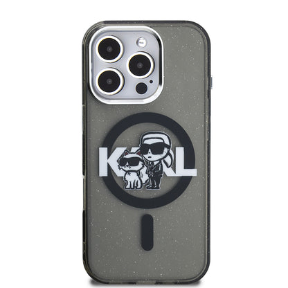 iPhone 16 Pro Max Kılıf Karl Lagerfeld orijinal Lisanslı Parlayan Simli Karl & Choupette Sketch Logo Kılıf
