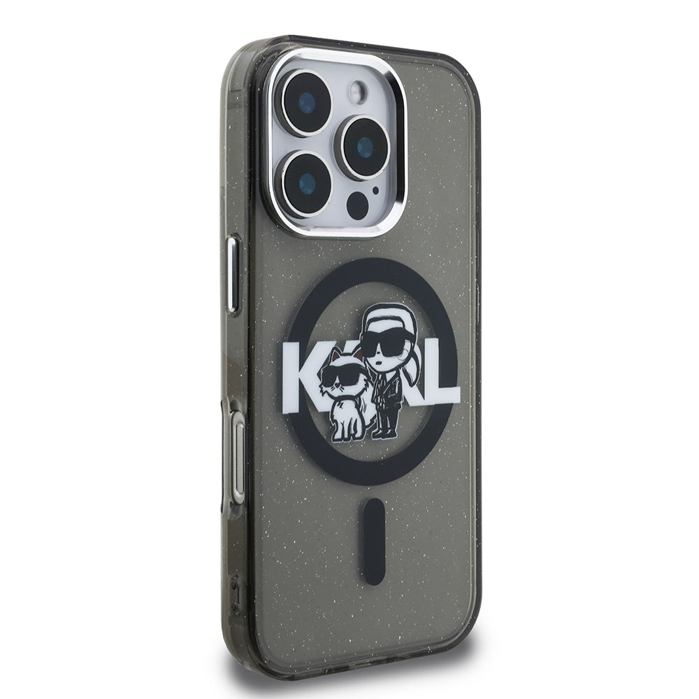 iPhone 16 Pro Max Kılıf Karl Lagerfeld orijinal Lisanslı Parlayan Simli Karl & Choupette Sketch Logo Kılıf