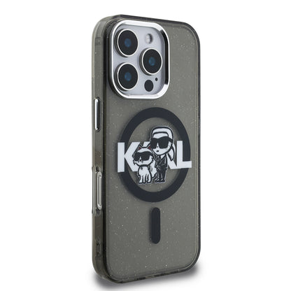 iPhone 16 Pro Max Kılıf Karl Lagerfeld orijinal Lisanslı Parlayan Simli Karl & Choupette Sketch Logo Kılıf
