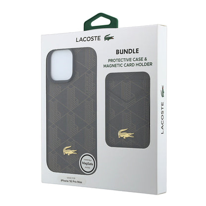 iPhone 16 Pro Max Kılıf Lacoste Orijinal Lisanslı M-safe Şarj Özellikli PU Deri Tasarımlı Kartlıklı Karışık Monogram Desenli Kılıf