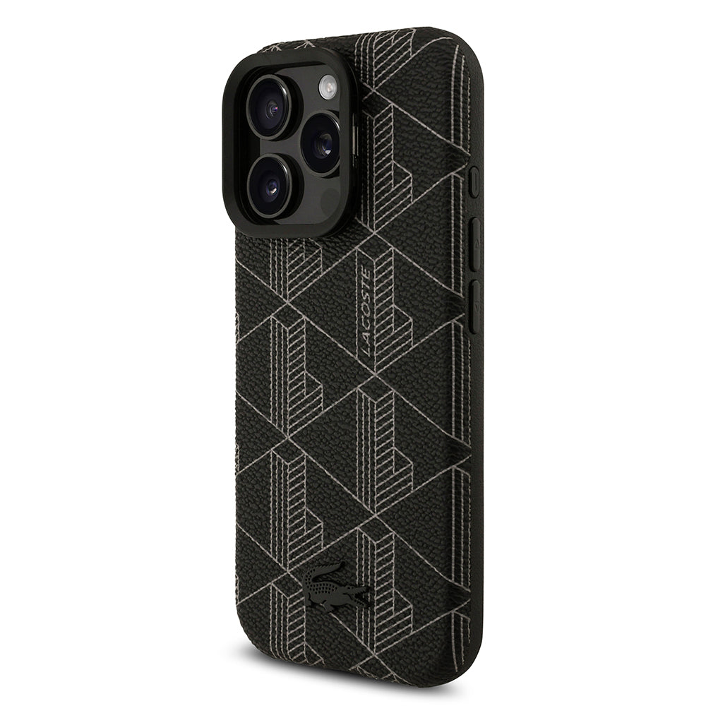 iPhone 16 Pro Max Kılıf Lacoste Orijinal Lisanslı M-safe Şarj Özellikli Standlı PU Deri Karışık Monogram Desenli Kılıf