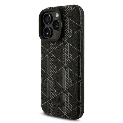 iPhone 16 Pro Max Kılıf Lacoste Orijinal Lisanslı M-safe Şarj Özellikli Standlı PU Deri Karışık Monogram Desenli Kılıf