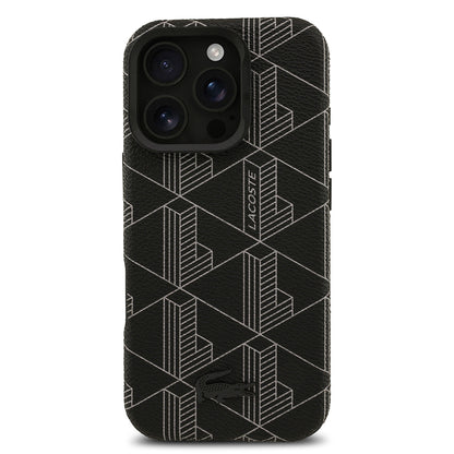 iPhone 16 Pro Max Kılıf Lacoste Orijinal Lisanslı M-safe Şarj Özellikli Standlı PU Deri Karışık Monogram Desenli Kılıf