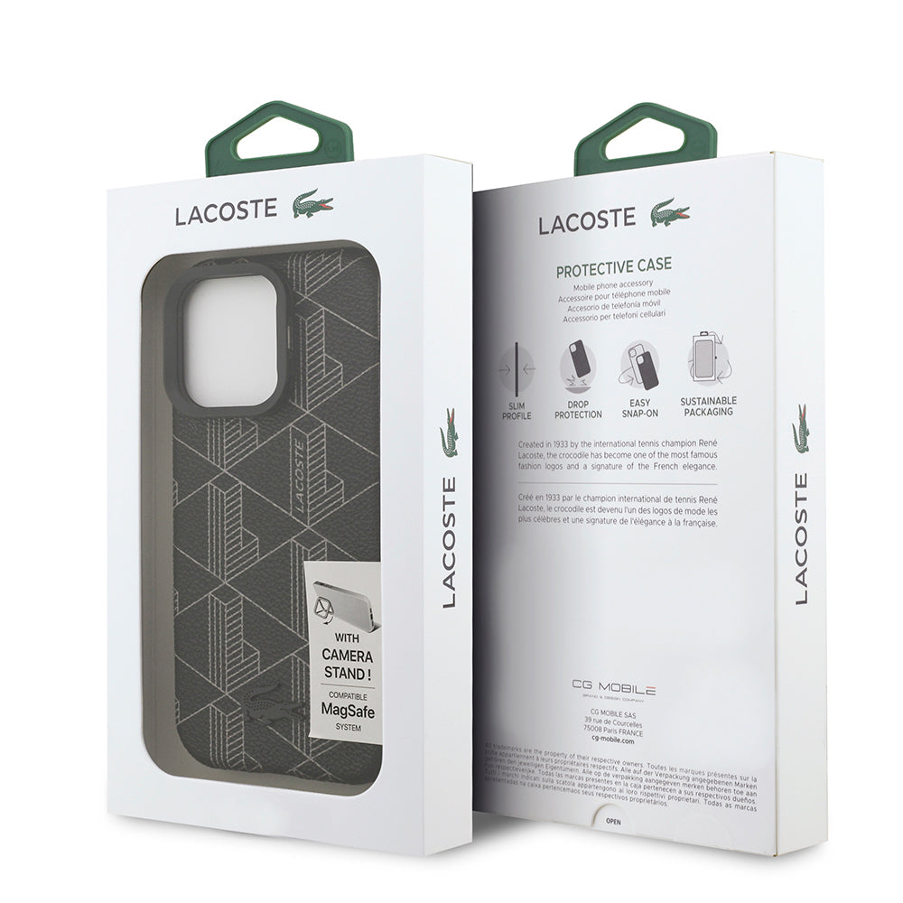 iPhone 16 Pro Max Kılıf Lacoste Orijinal Lisanslı M-safe Şarj Özellikli Standlı PU Deri Karışık Monogram Desenli Kılıf