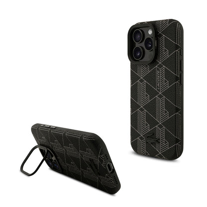 iPhone 16 Pro Max Kılıf Lacoste Orijinal Lisanslı M-safe Şarj Özellikli Standlı PU Deri Karışık Monogram Desenli Kılıf