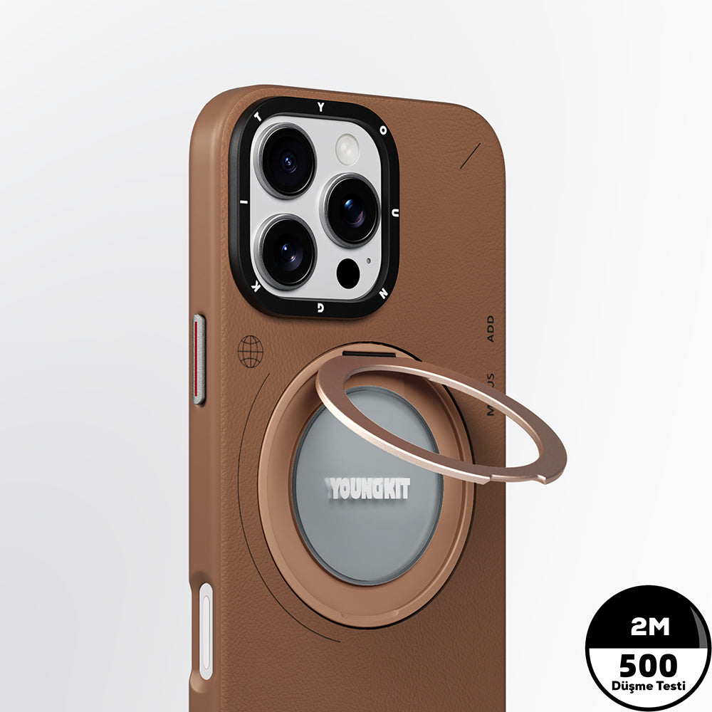 iPhone 16 Pro Max Kılıf M-safe Şarj Özellikli 360° Standlı Basit Mat Deri Desenli Youngkit Tech Leather Serisi Kılıf