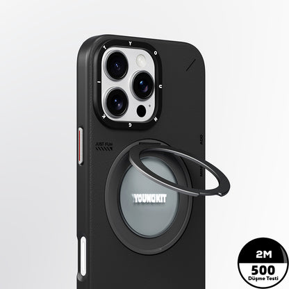 iPhone 16 Pro Max Kılıf M-safe Şarj Özellikli 360° Standlı Basit Mat Deri Desenli Youngkit Tech Leather Serisi Kılıf