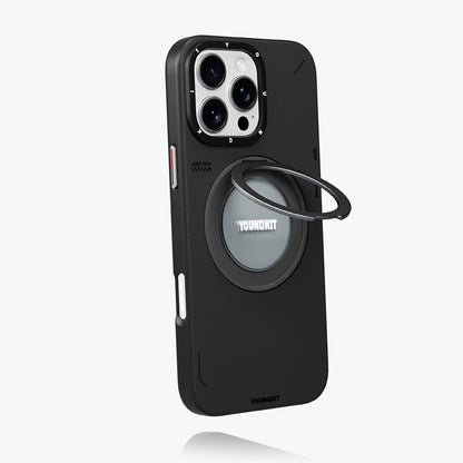 iPhone 16 Pro Max Kılıf M-safe Şarj Özellikli 360° Standlı Basit Mat Deri Desenli Youngkit Tech Leather Serisi Kılıf
