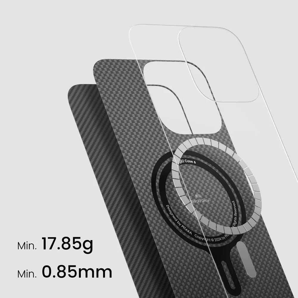 iPhone 16 Pro Max Kılıf M-safe Şarj Özellikli 600D Aramid Fiber Pitaka Ultra-Slim Classic Serisi Black-Grey Twill Kılıf