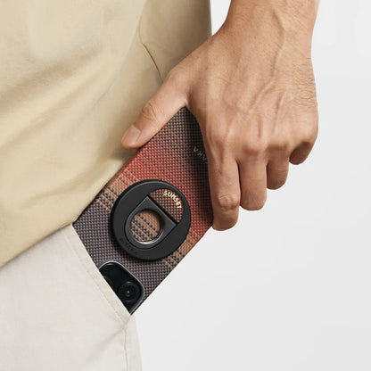 iPhone 16 Pro Max Kılıf M-safe Şarj Özellikli Grip 3 Standlı Aramid Fiber Pitaka Tactile Woven Sunset-Moonrise Serisi Sunset Kılıf