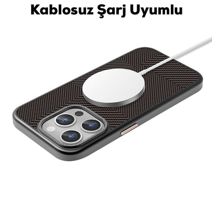 iPhone 16 Pro Max Kılıf M-safe Şarj Özellikli Karbon Fiber Desenli Mutural Montage Kılıf