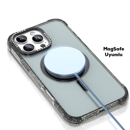 iPhone 16 Pro Max Kılıf M-safe Şarj Özellikli Taşlı ve Simli Tasarım Mutural Blink Kılıf