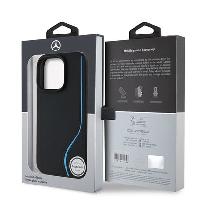 iPhone 16 Pro Max Kılıf Mercedes Benz Orijinal Lisanslı M-safe Şarj Özellikli 3D Metal Logolu Mavi Dikey Eğri Çizgili Deri Kılıf