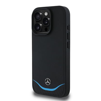 iPhone 16 Pro Max Kılıf Mercedes Benz Orijinal Lisanslı M-safe Şarj Özellikli 3D Metal Logolu Mavi Yatay Eğri Çizgili Deri Kılıf