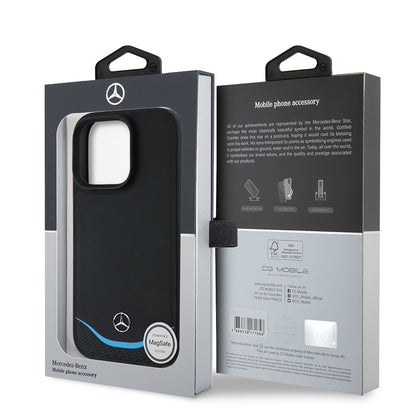 iPhone 16 Pro Max Kılıf Mercedes Benz Orijinal Lisanslı M-safe Şarj Özellikli 3D Metal Logolu Mavi Yatay Eğri Çizgili Deri Kılıf