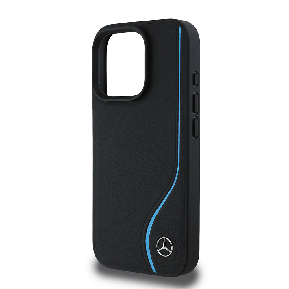 iPhone 16 Pro Max Kılıf Mercedes Benz orijinal Lisanslı M-safe Şarj Özellikli 3D Metal Logolu Mavi Dikey Eğri Çizgili Deri Kılıf