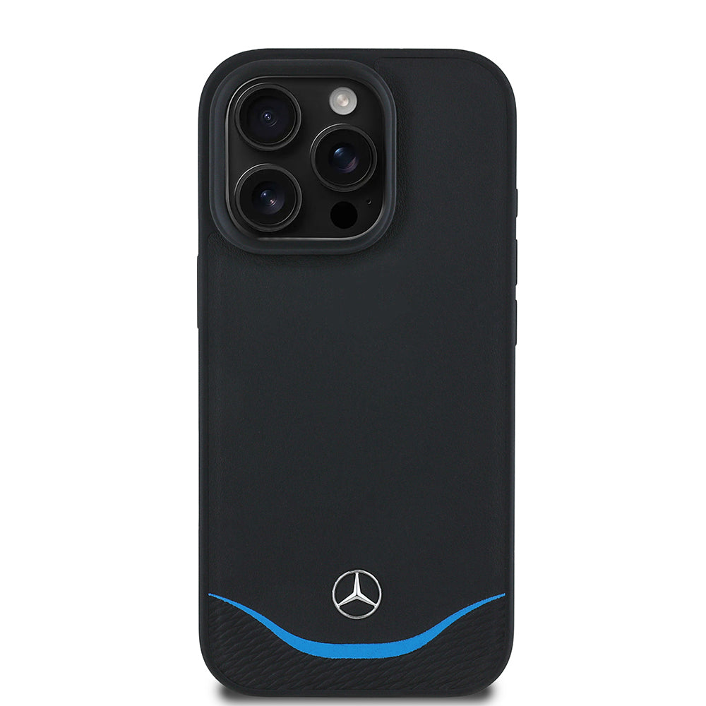 iPhone 16 Pro Max Kılıf Mercedes Benz orijinal Lisanslı M-safe Şarj Özellikli 3D Metal Logolu Mavi Yatay Eğri Çizgili Deri Kılıf