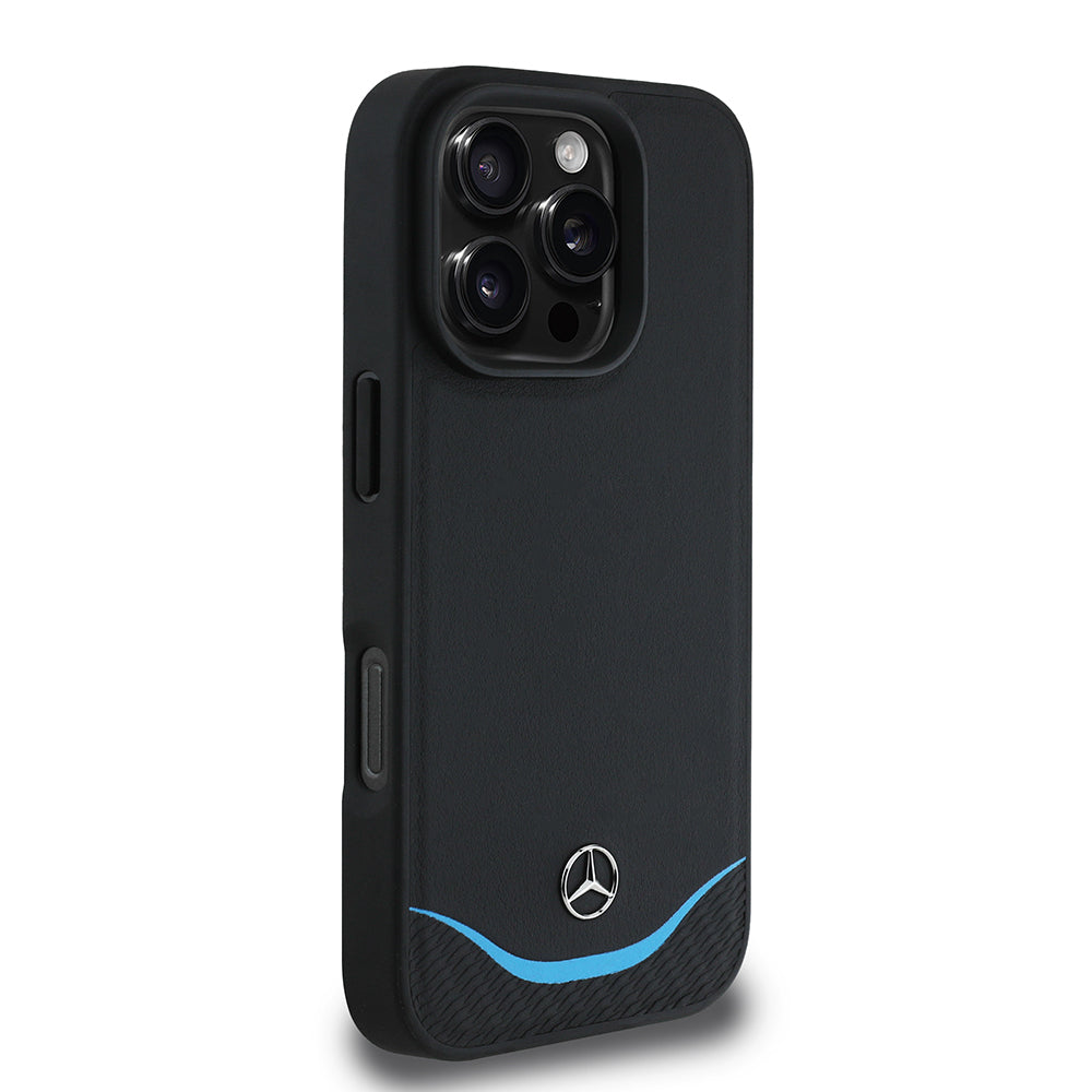 iPhone 16 Pro Max Kılıf Mercedes Benz orijinal Lisanslı M-safe Şarj Özellikli 3D Metal Logolu Mavi Yatay Eğri Çizgili Deri Kılıf