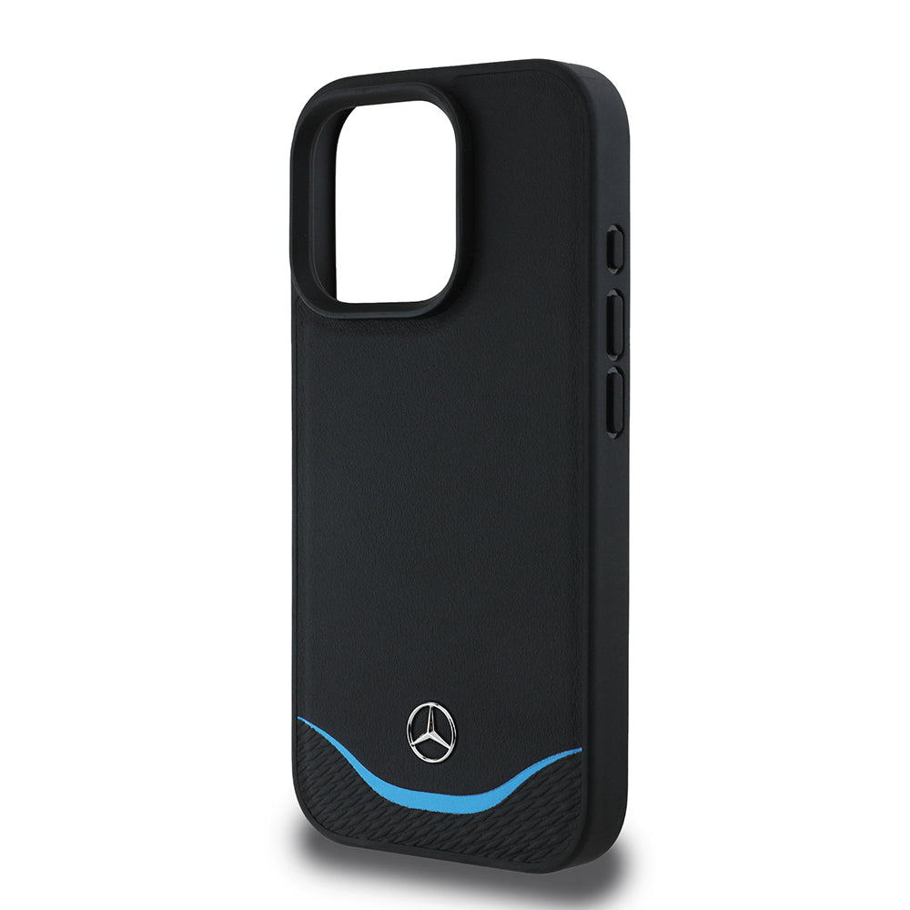 iPhone 16 Pro Max Kılıf Mercedes Benz orijinal Lisanslı M-safe Şarj Özellikli 3D Metal Logolu Mavi Yatay Eğri Çizgili Deri Kılıf