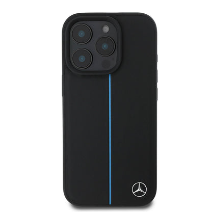 iPhone 16 Pro Max Kılıf Mercedes Benz orijinal Lisanslı M-safe Şarj Özellikli Metal Yıldız Logolu Mavi Çizgili Deri Kılıf