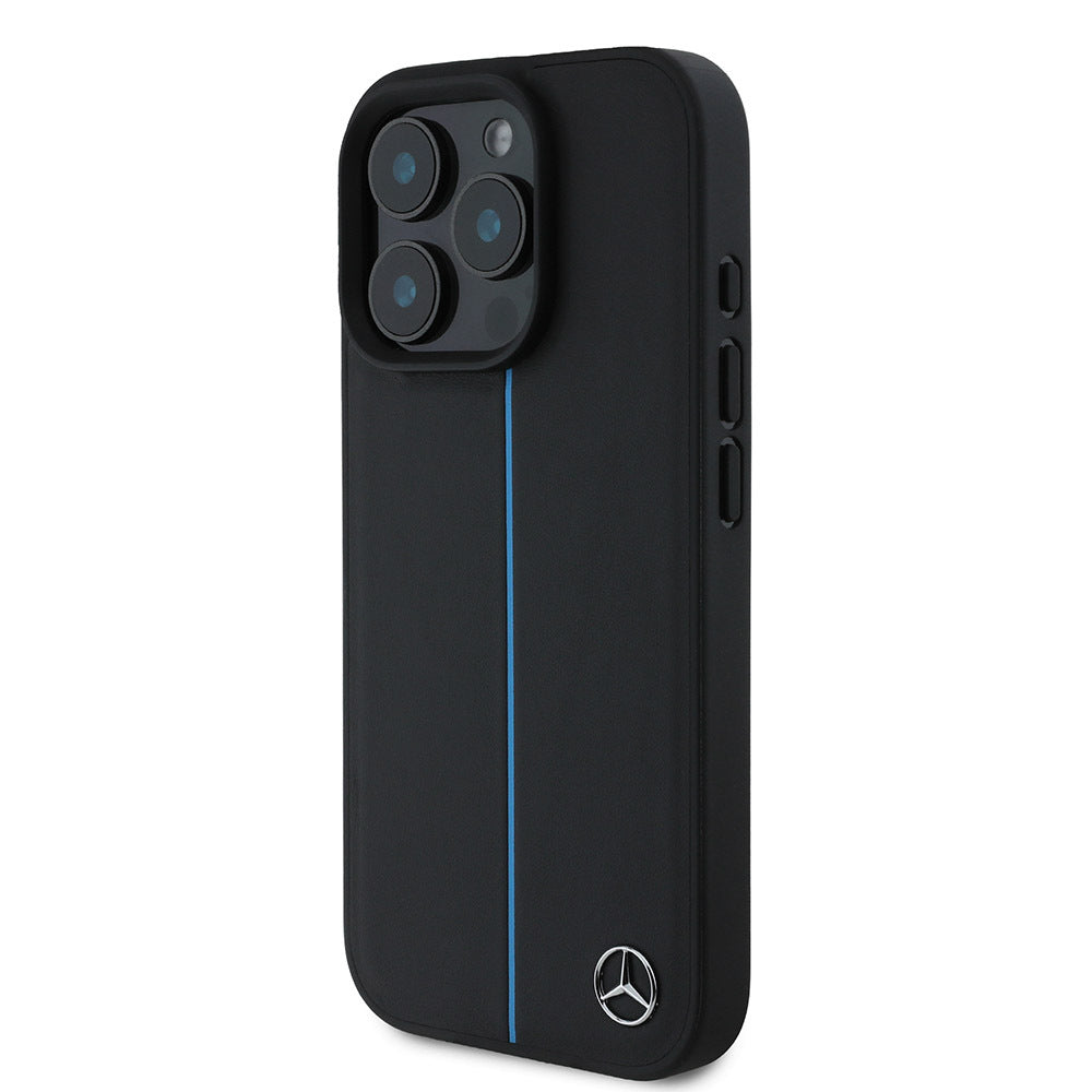 iPhone 16 Pro Max Kılıf Mercedes Benz orijinal Lisanslı M-safe Şarj Özellikli Metal Yıldız Logolu Mavi Çizgili Deri Kılıf