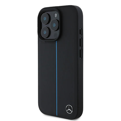 iPhone 16 Pro Max Kılıf Mercedes Benz orijinal Lisanslı M-safe Şarj Özellikli Metal Yıldız Logolu Mavi Çizgili Deri Kılıf