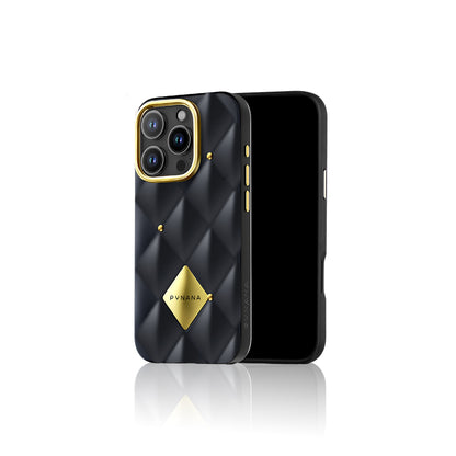 iPhone 16 Pro Max Kılıf Parlak Arka Yüzeyli Kabartma Tasarımlı Kapitone Pynana Metal Diamond Serisi Kılıf