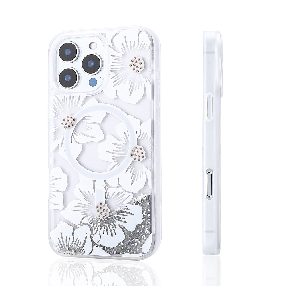 iPhone 16 Pro Max Kılıf Sıvılı Simli Baskılı Şeffaf Arka Yüzey Zore Mossa Silikon Kılıf