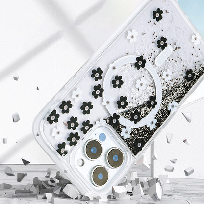 iPhone 16 Pro Max Kılıf Sıvılı Simli Baskılı Şeffaf Arka Yüzey Zore Mossa Silikon Kılıf