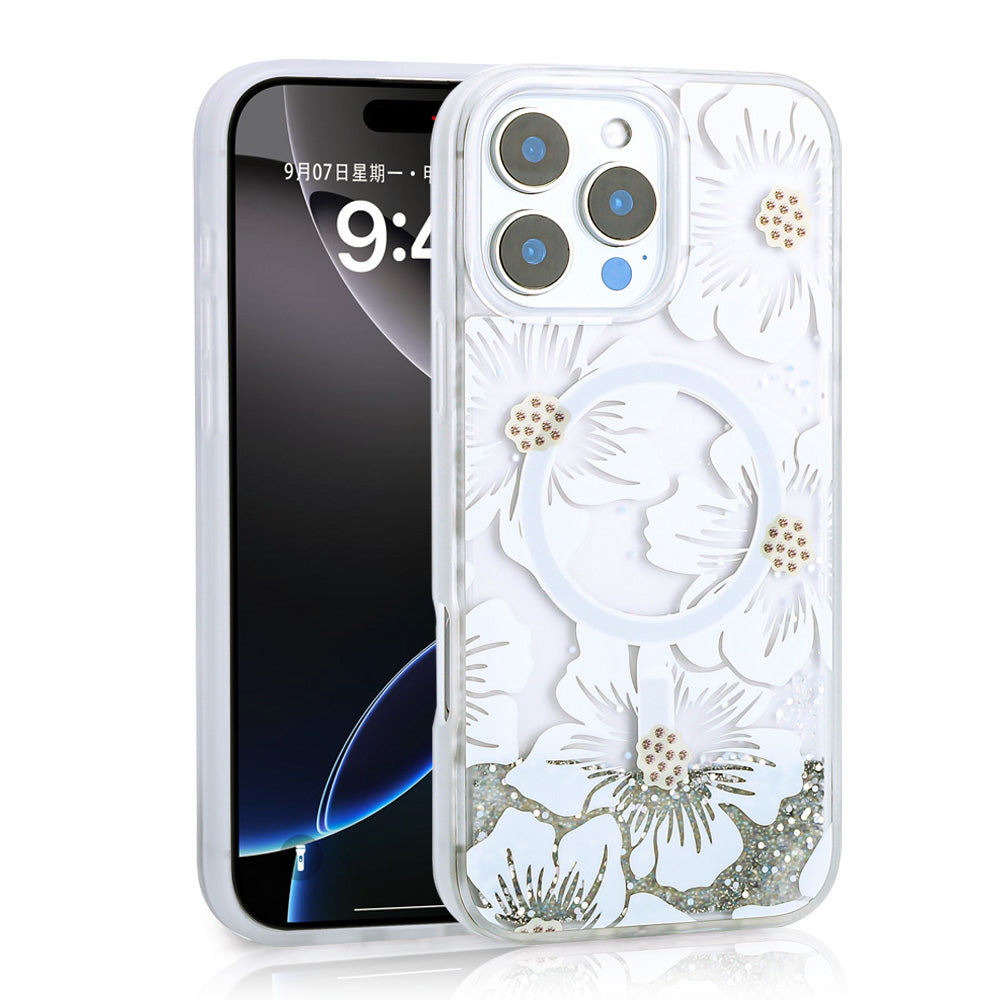 iPhone 16 Pro Max Kılıf Sıvılı Simli Baskılı Şeffaf Arka Yüzey Zore Mossa Silikon Kılıf