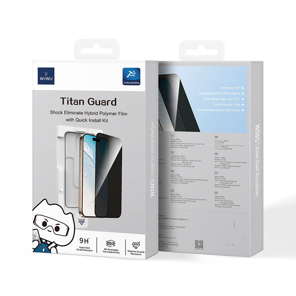 iPhone 16 Wiwu GT-021 Titan Guard Serisi Şok Emici Hibrit Polimer Privacy Ekran Koruyucu Film + Kolay Uygulama Aparatı