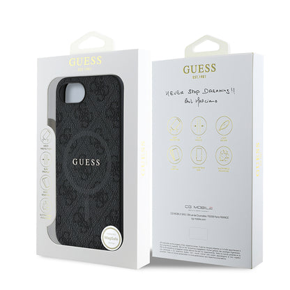 iPhone 16E Kılıf Guess Orijinal Lisanslı M-safe Şarj Özellikli PU Halkalı 4G Desenli Yazı Logolu Kılıf