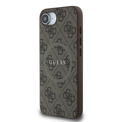 iPhone 16E Kılıf Guess Orijinal Lisanslı M-safe Şarj Özellikli PU Halkalı 4G Desenli Yazı Logolu Kılıf
