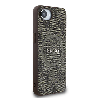 iPhone 16E Kılıf Guess Orijinal Lisanslı M-safe Şarj Özellikli PU Halkalı 4G Desenli Yazı Logolu Kılıf