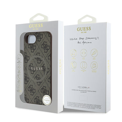 iPhone 16E Kılıf Guess Orijinal Lisanslı M-safe Şarj Özellikli PU Halkalı 4G Desenli Yazı Logolu Kılıf