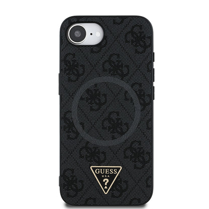 iPhone 16E Kılıf Guess Orijinal Lisanslı M-safe Şarj Özellikli PU Üçgen Logo 4G Desenli Kılıf