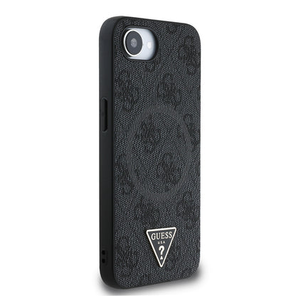 iPhone 16E Kılıf Guess Orijinal Lisanslı M-safe Şarj Özellikli PU Üçgen Logo 4G Desenli Kılıf