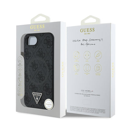 iPhone 16E Kılıf Guess Orijinal Lisanslı M-safe Şarj Özellikli PU Üçgen Logo 4G Desenli Kılıf